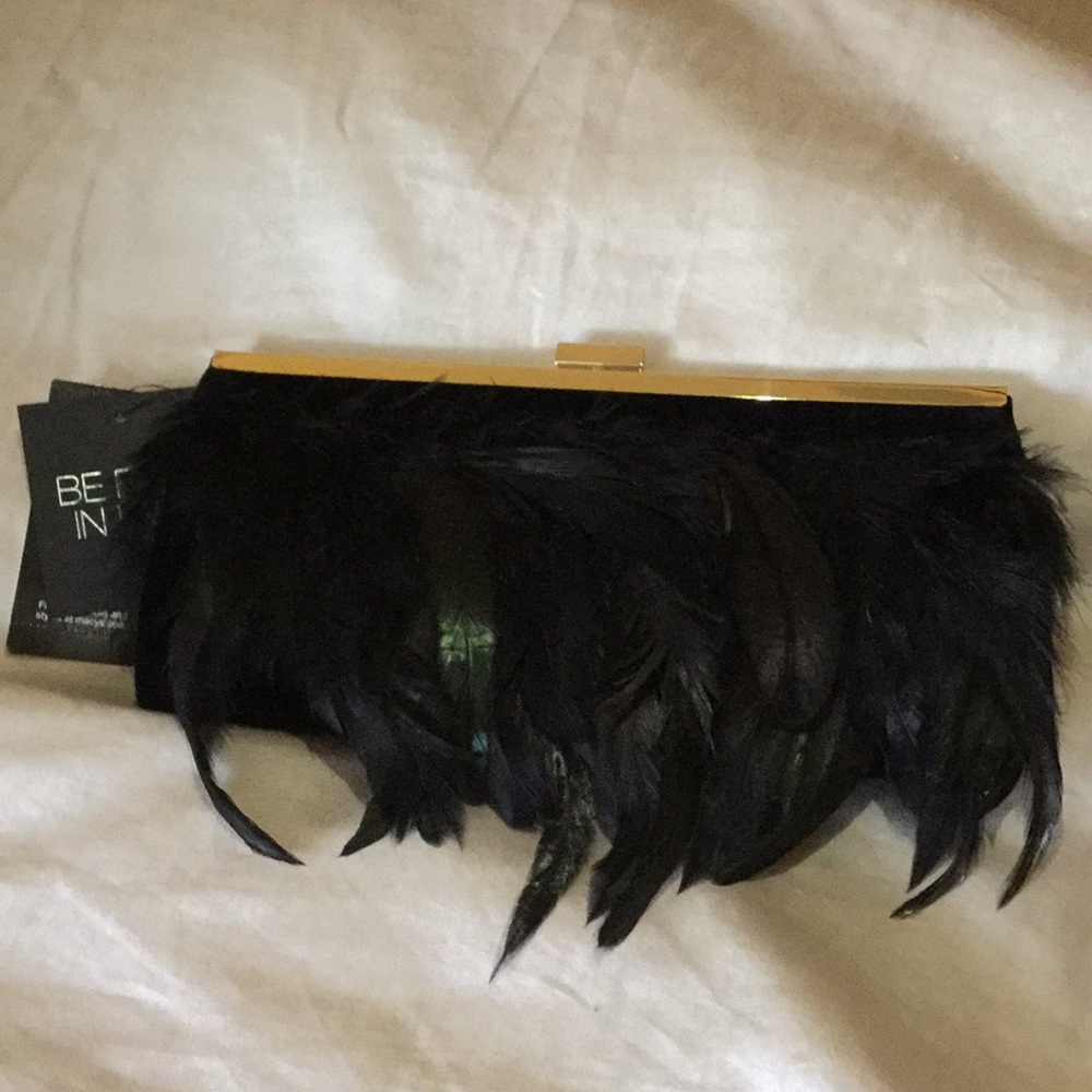 NWT INC Black Feathers with Goldtone Clasp Clutch